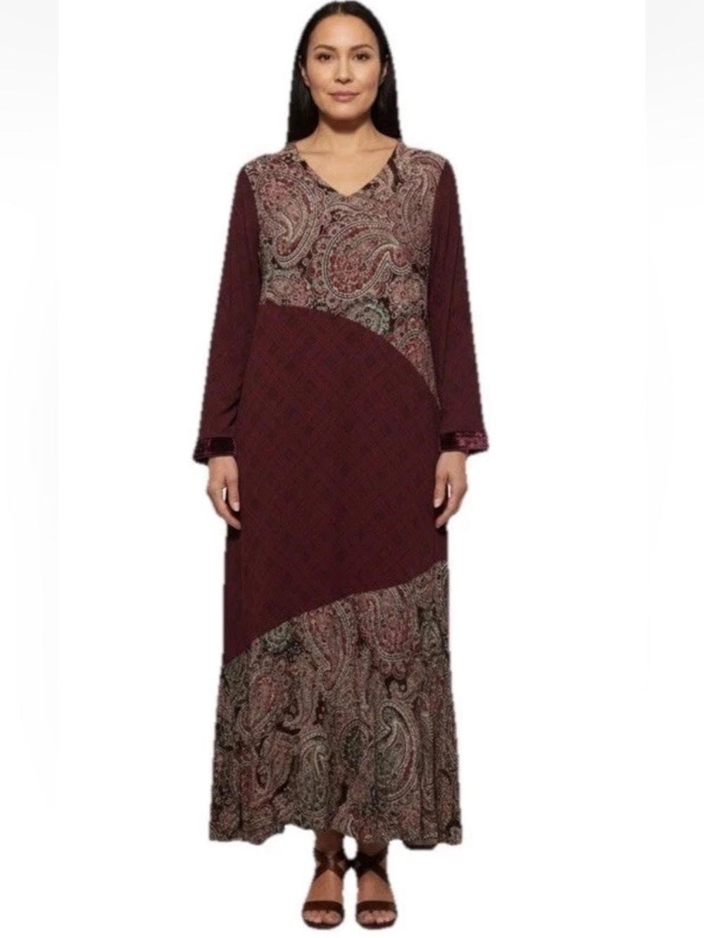 Soft Surroundings Dress M Aideen Burgundy Paisley Long Sleeve Bohemian Maxi